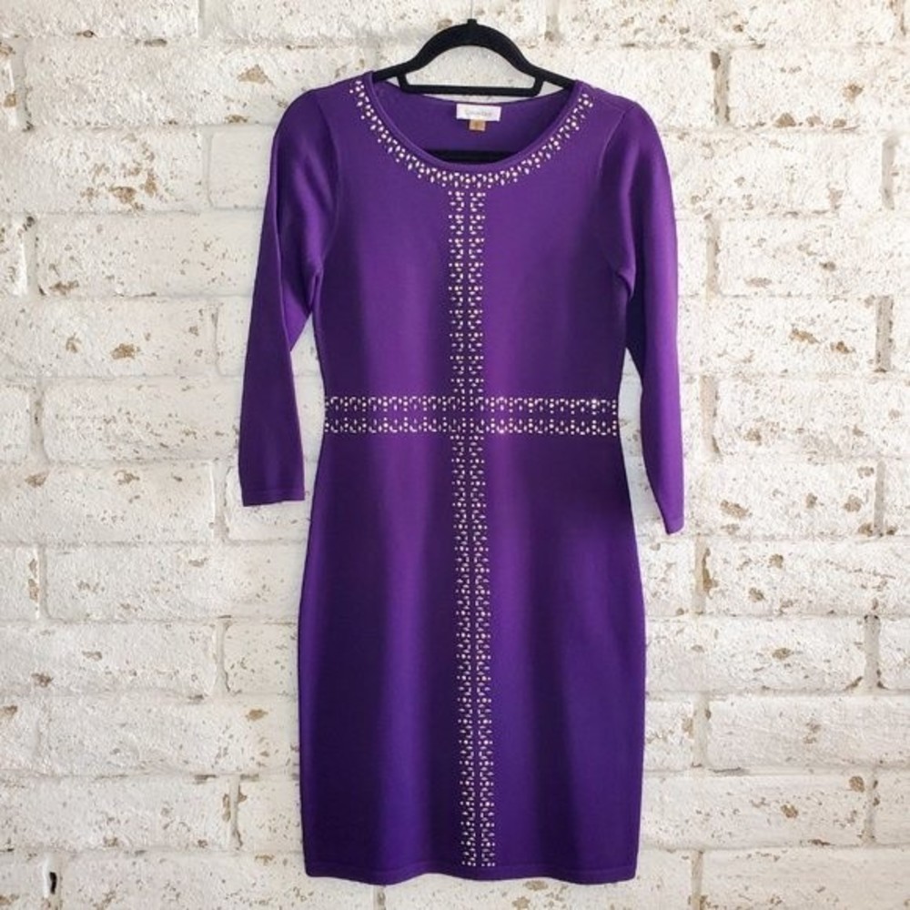 Calvin Klein Purple Embellished Knit Midi 3/4 Sleeve Dress Party Business SZ S